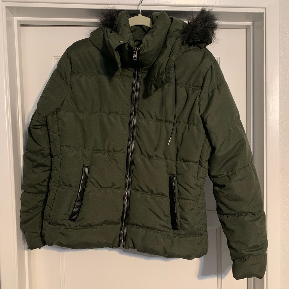 Green and black puffer jacket